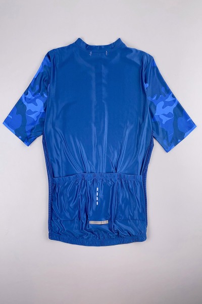 Customized Short Sleeve Zipper Style Milk Silk Cycling Shirt Design Blue Print Race Cycling Shirt Cycling Shirt Garment Factory SKCSCP009 front view